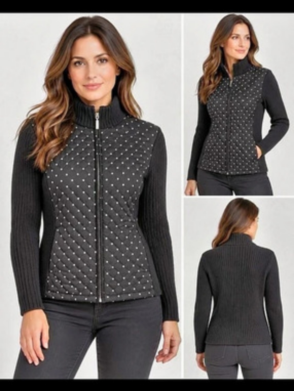 Croft & Barrow Polka Dot Zip Cardigan in Black & White Size Medium Petite